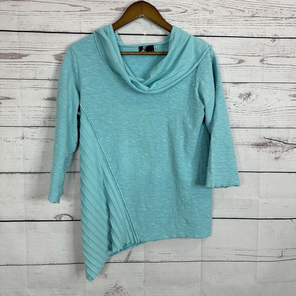 Fenini Shirt Top‎ Womens Medium Blue Textured Cowl Oversized Artsy USA Stretch